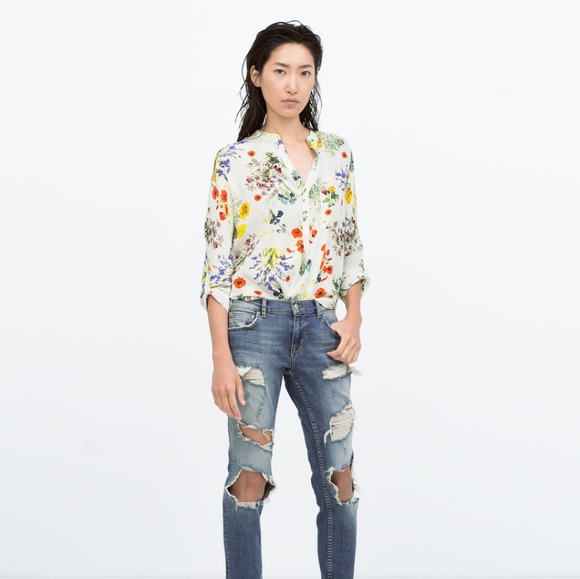 Mandarin collar printed top with uneven hem - Picture 2 of 6